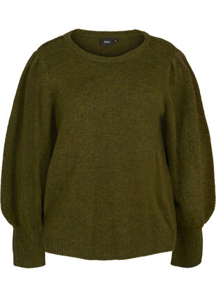 Blouse tricotée à manches ballon et laine, Ivy green Mel, Packshot image number 0