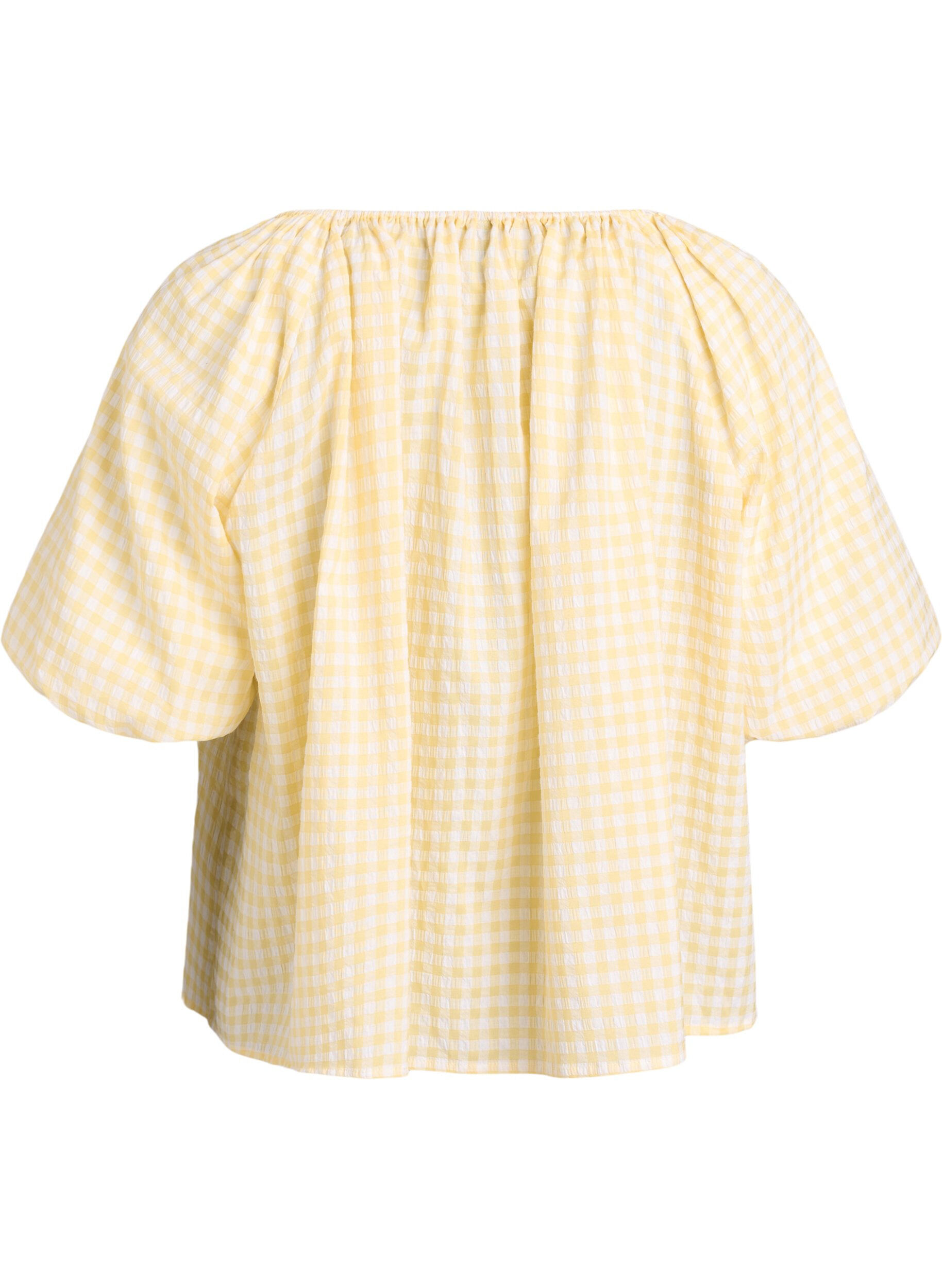 ZizziBlouse &agrave; petits carreaux avec une encolure &eacute;lastiqu&eacute;e et des manches coude, Jaune clair, Packshot image number 1