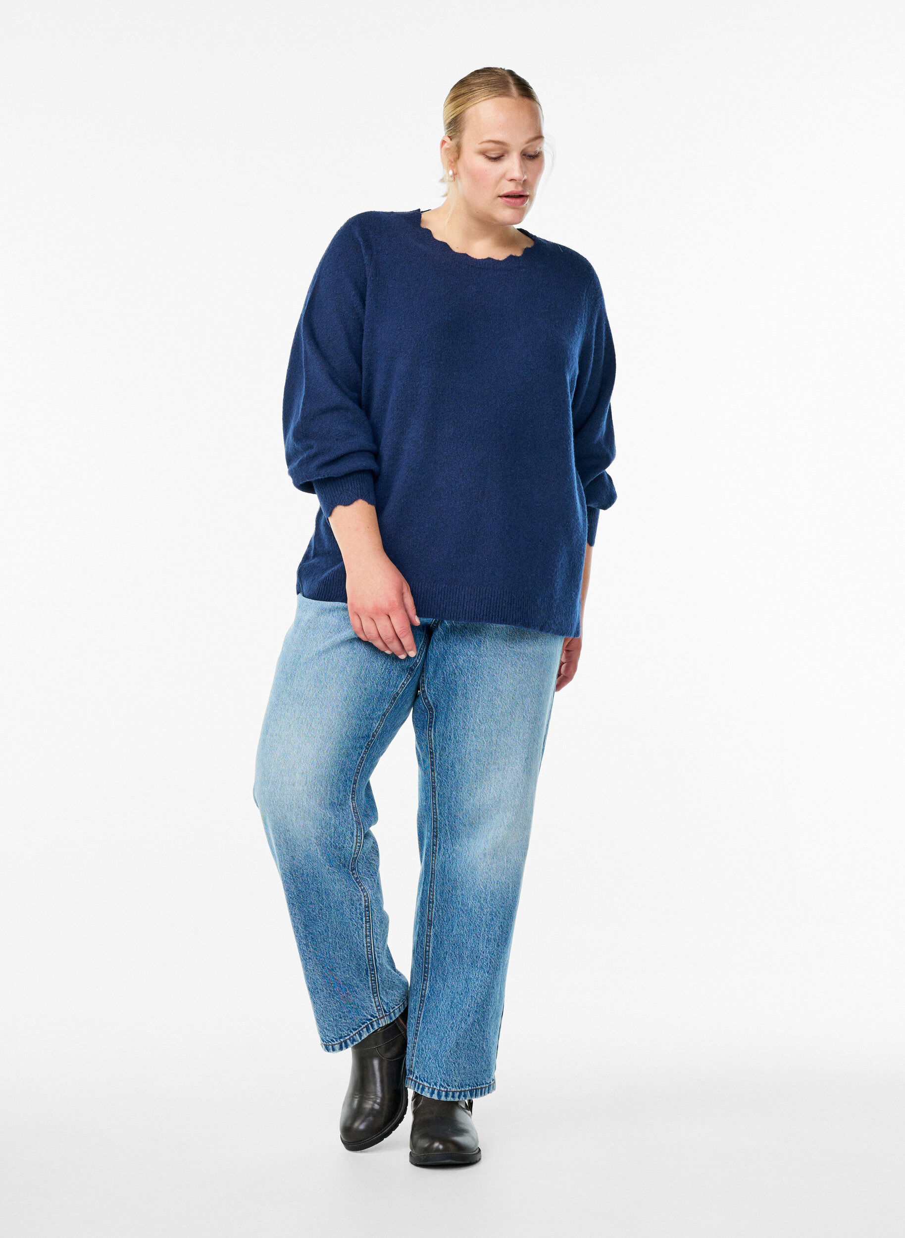 ZizziGebreide blouse met golvende randen, Blauw, Model image number 1