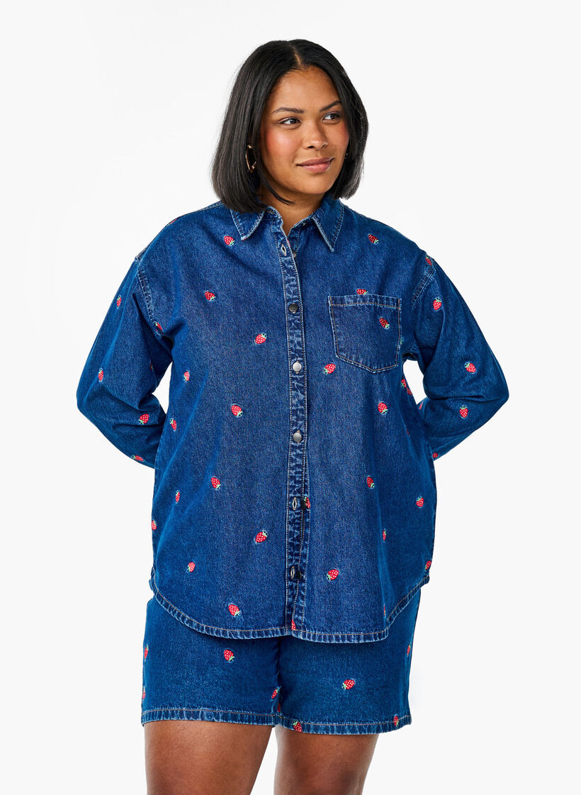 Korte spijkerbroek met geborduurde aardbeien, Blauw, Model image number 0