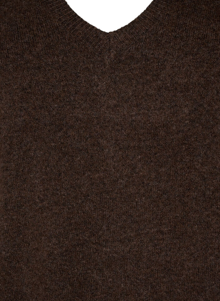 Gebreide jurk met lange mouwen en V-hals, Bruin, Packshot image number 2
