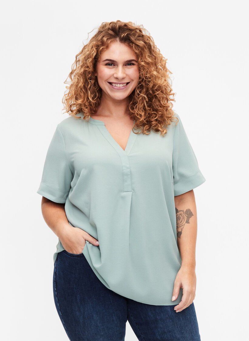 Blouse met korte mouwen en v-hals, Groen, Model image number 0