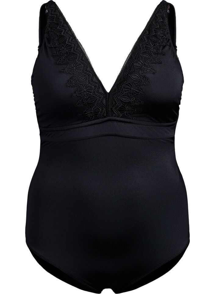 Maillot de bain avec col en V et broderie, Black, Packshot image number 0