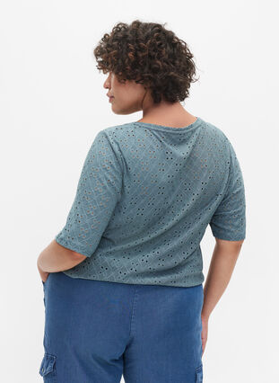 Blouse avec broderie anglaise et manches 2/4, Goblin Blue, Model image number 1