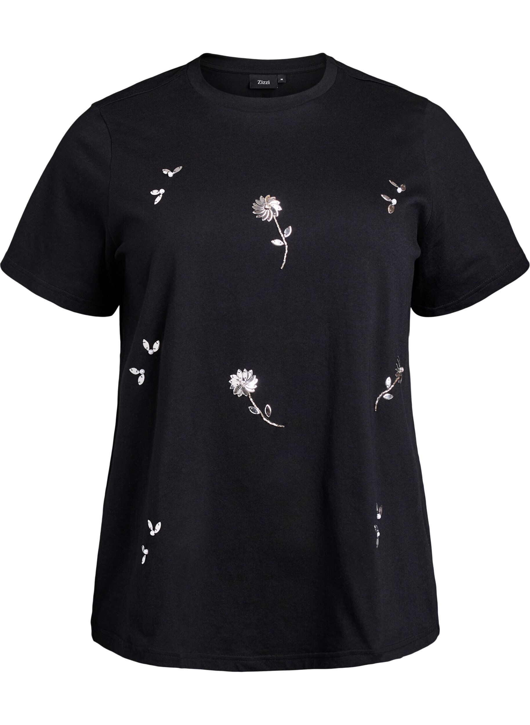Zizzi T-shirt avec fleurs en sequins, Noir, Packshot image number 0