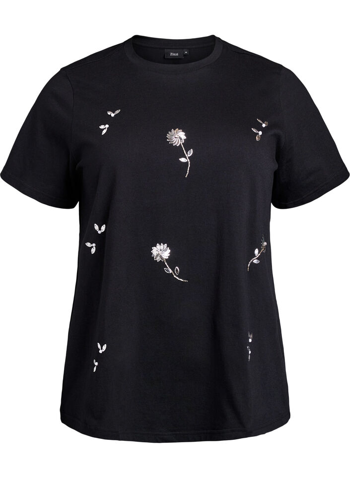 T-shirt avec fleurs en sequins, Noir, Packshot image number 0