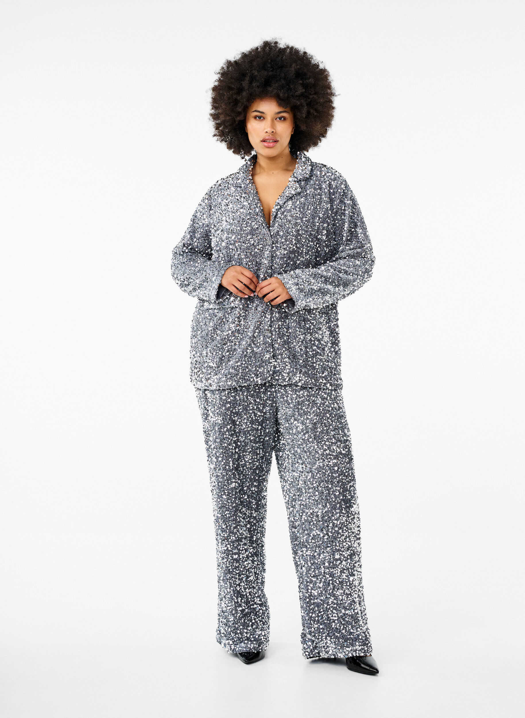 ZizziLosse paillettenbroek met hoge taille, Silver, Model image number 0