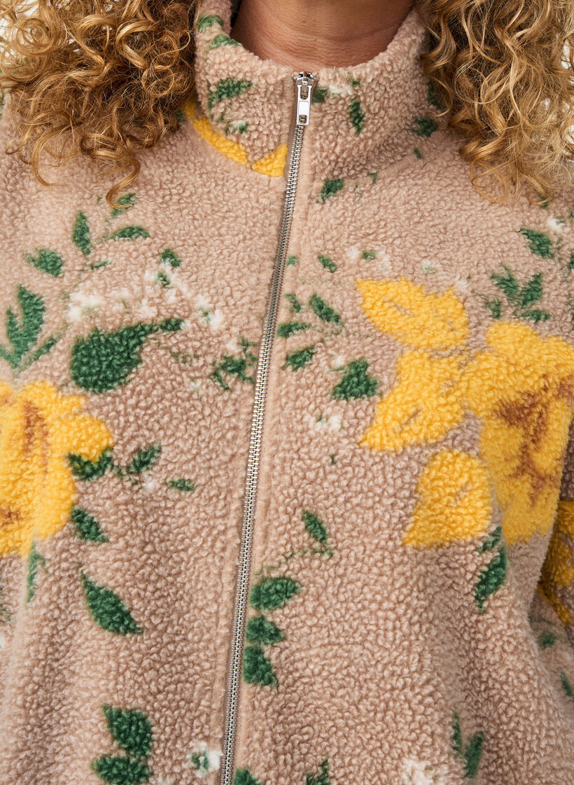 Veste en polaire &agrave; motif floral avec col montant et fermeture zipp&eacute;e, Beige, Model image number 3