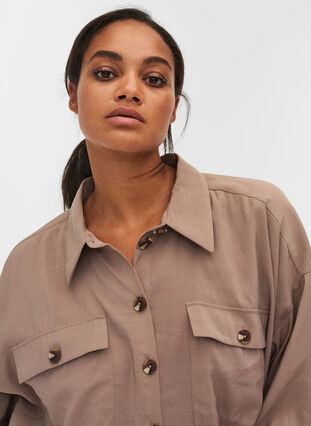 Lange viscose blouse met colorblock, Desert Taupe, Model image number 2