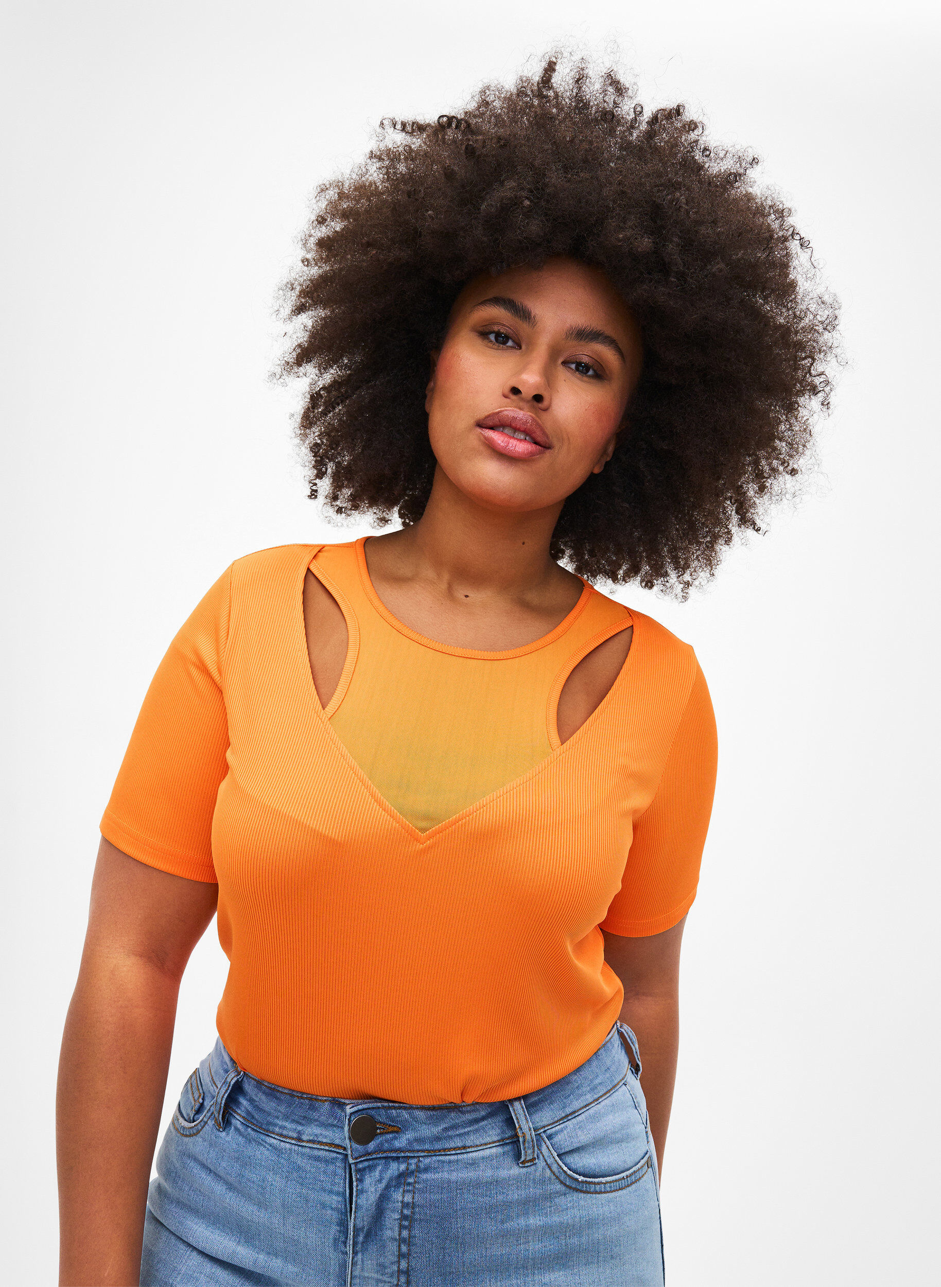 ZizziAansluitende blouse met mesh detail, Vibrant Orange, Model image number 0