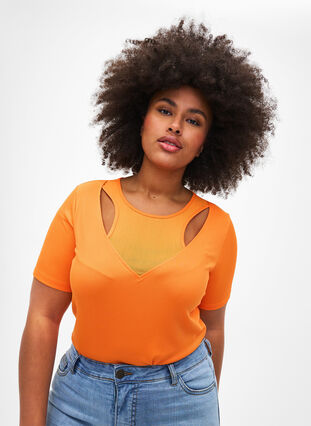 Aansluitende blouse met mesh detail, Vibrant Orange, Model image number 0