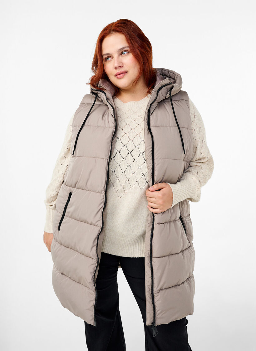Veste longue avec capuche et poches, Beige, Model image number 0