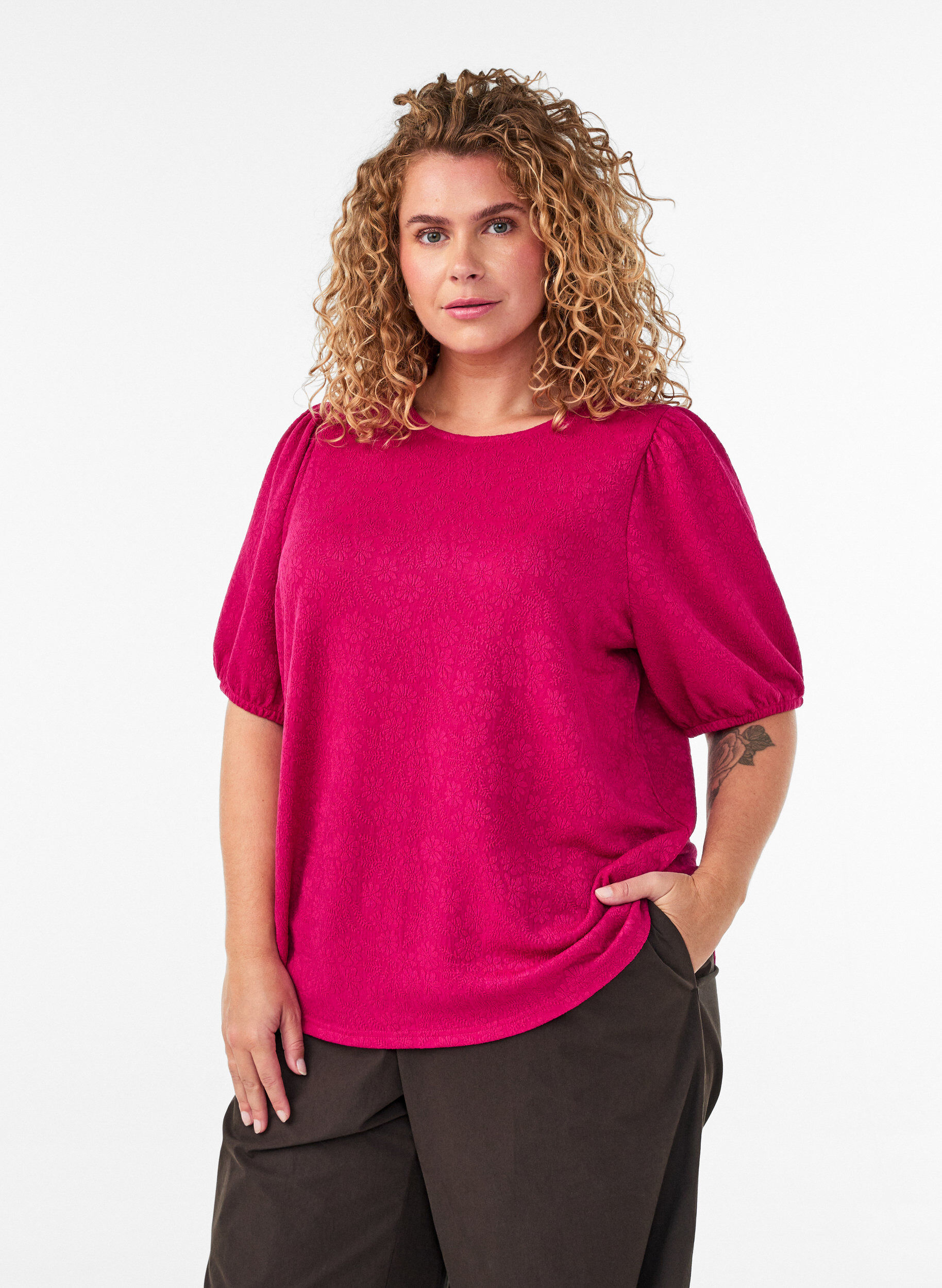ZizziBlouse textur&eacute;e &agrave; manches courtes, Rose, Model image number 0