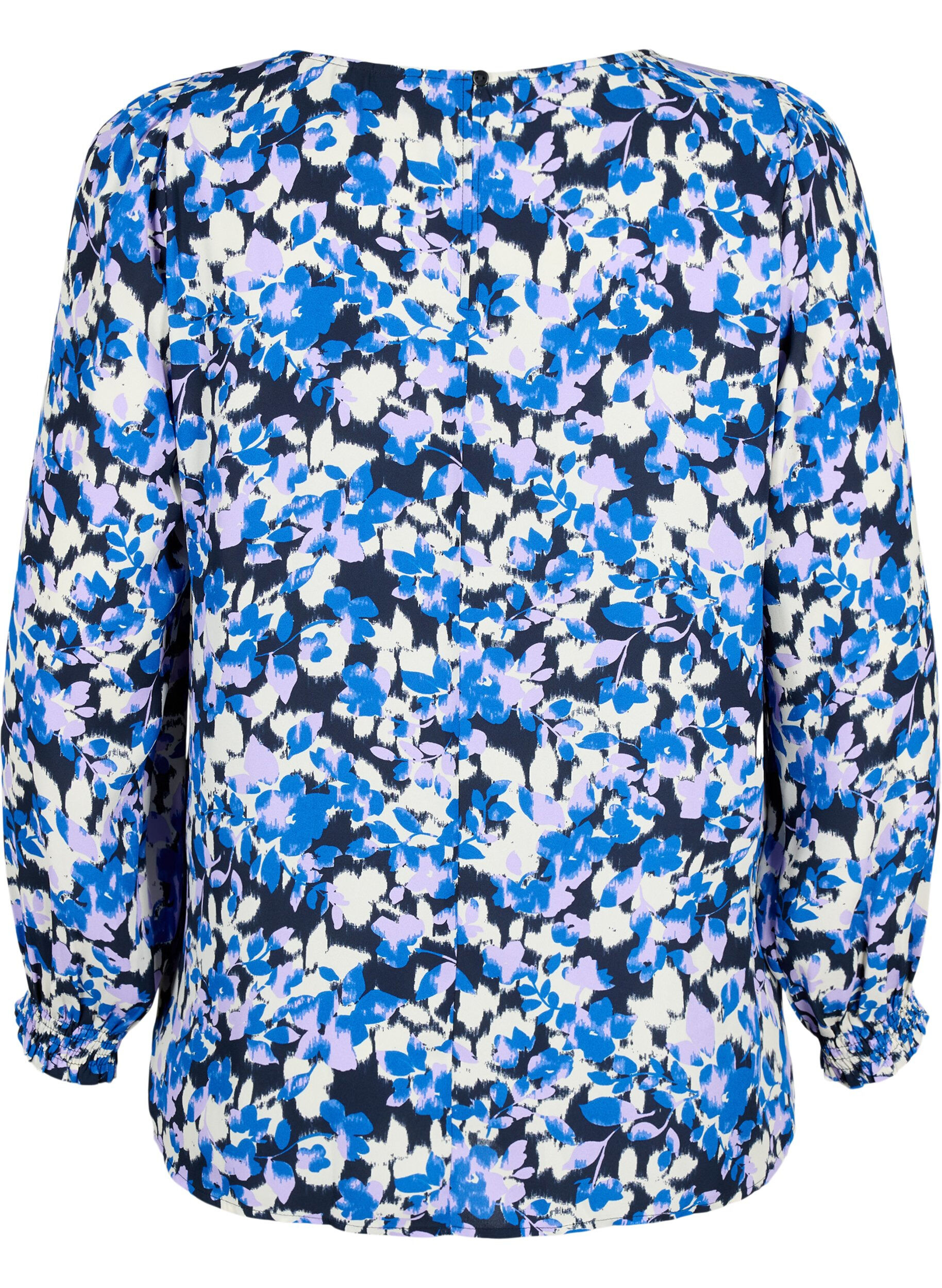 ZizziFLASH - Blouse met lange mouwen, smok en print, Blue Purple Flower, Packshot image number 1