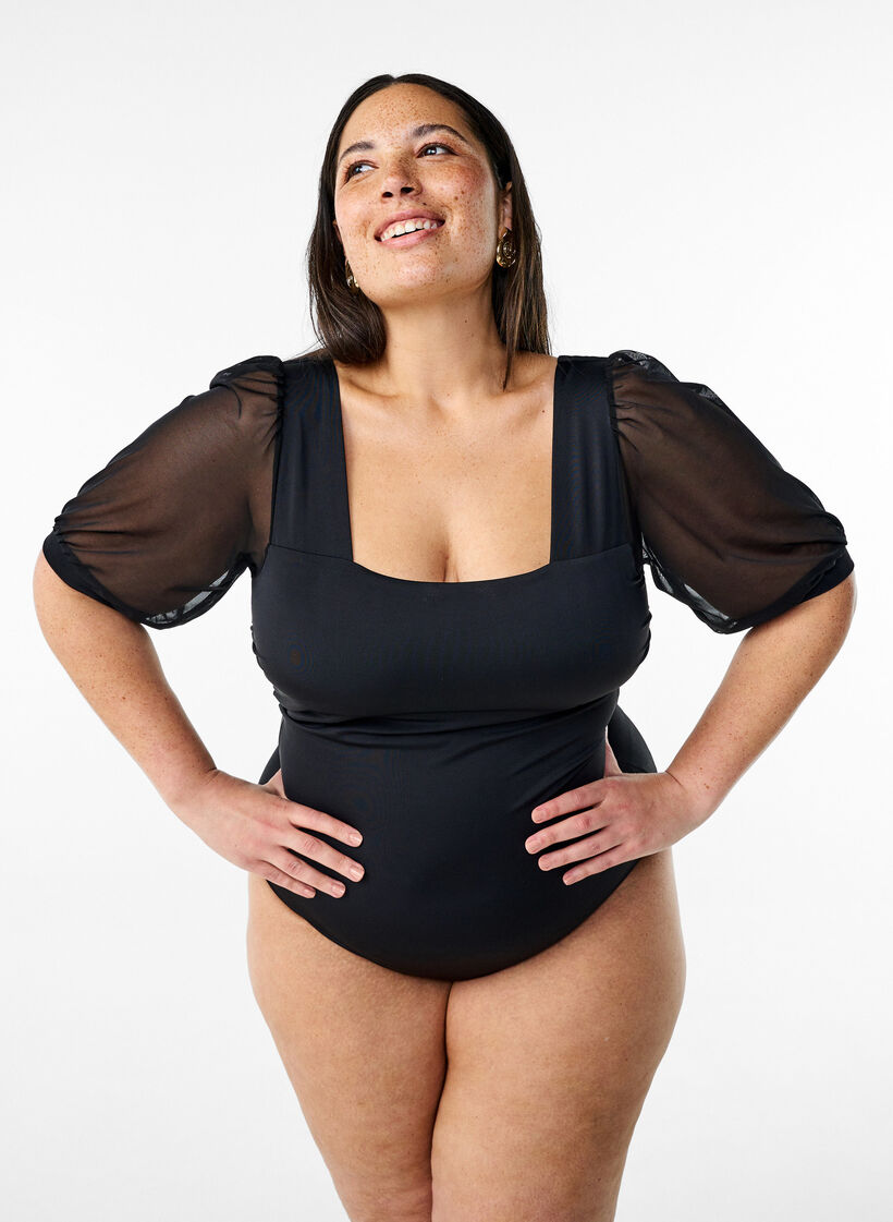 Maillot de bain avec manches courtes en maille, Black, Model image number 0