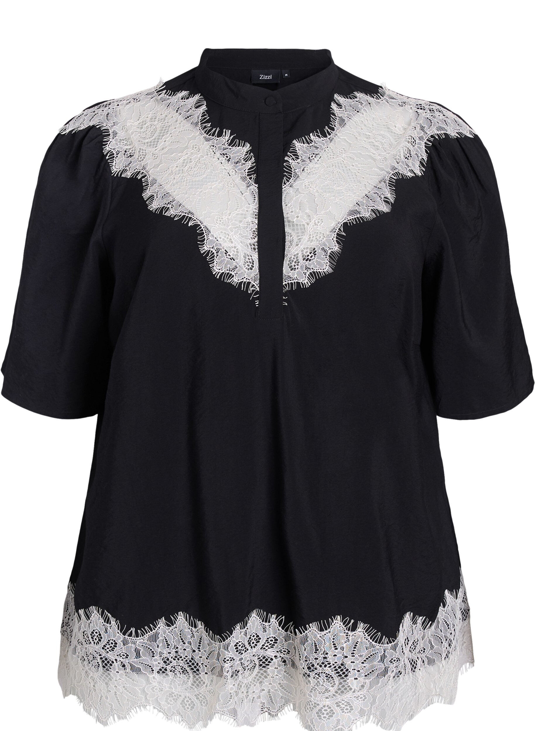 ZizziBlouse met korte mouwen en kanten details, Zwart, Packshot image number 0