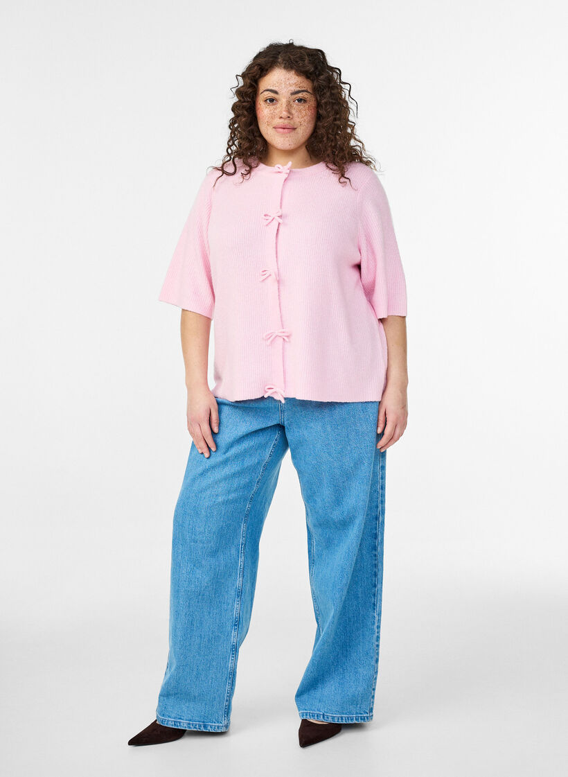 Gebreid vest met korte mouwen en strikjes, Roze, Model image number 1