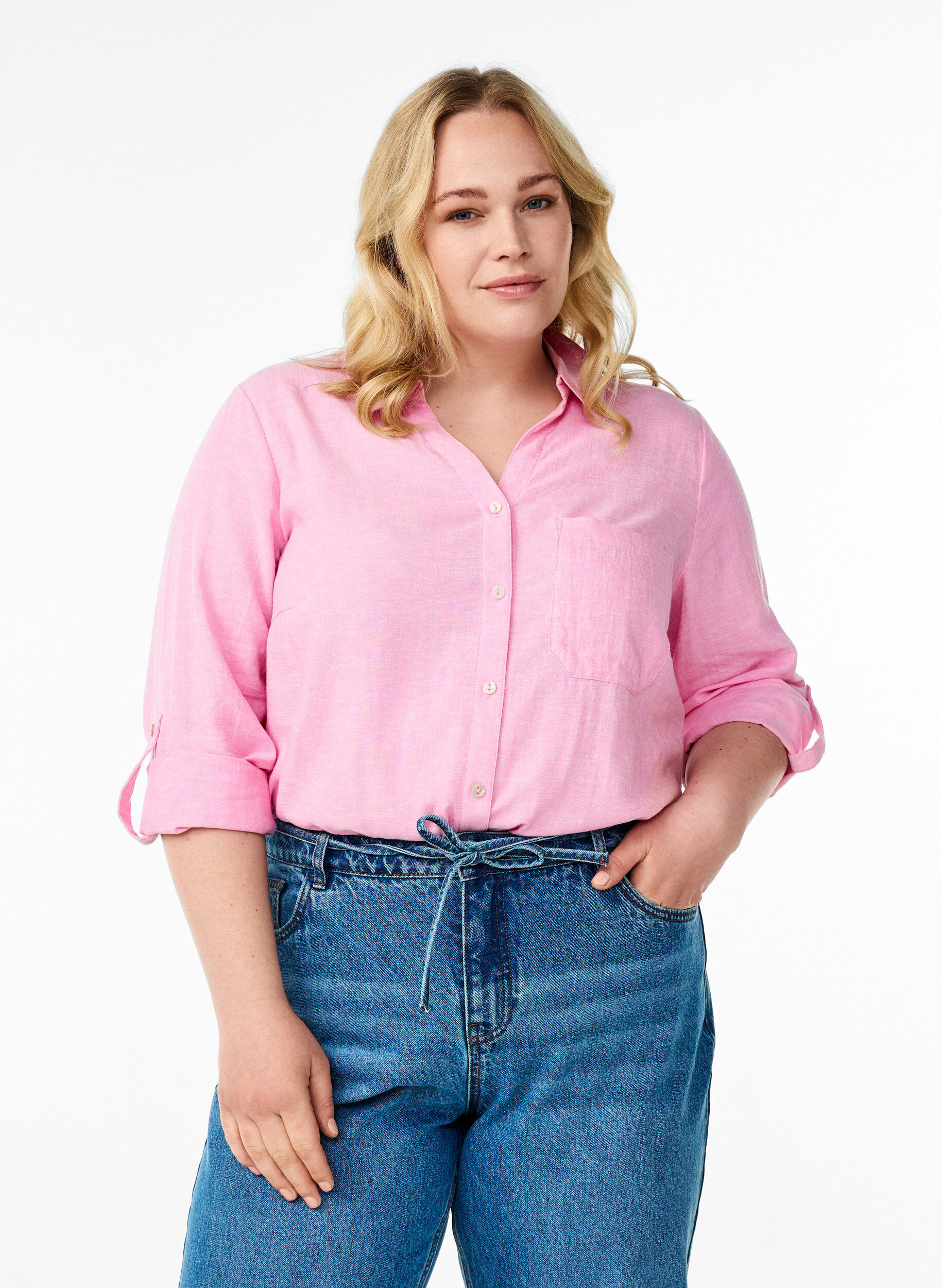 Linnen en viscose shirt met 3/4 mouwen, Roze, Model