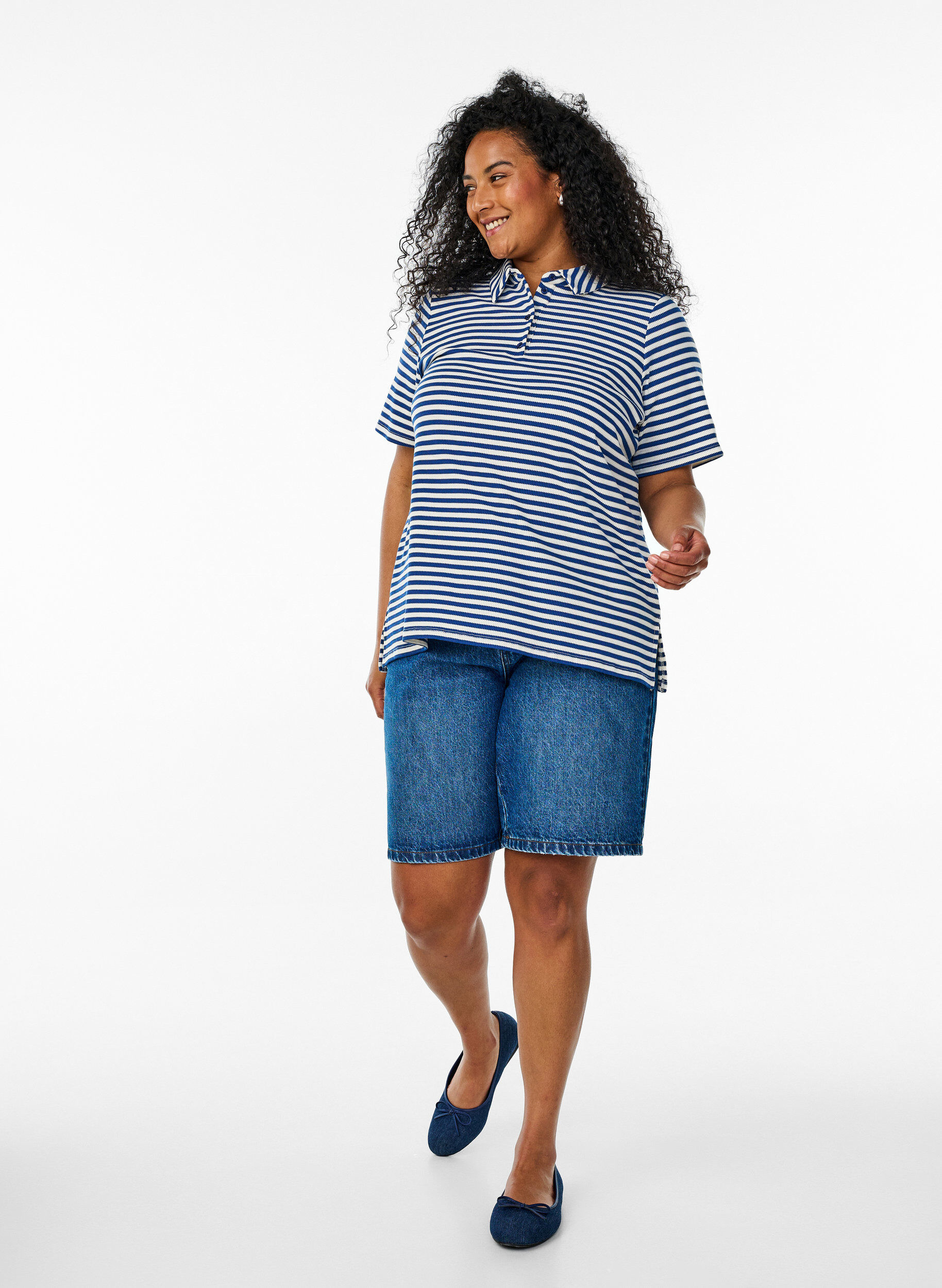 ZizziGestreept poloshirt met korte mouwen, Blauw, Model image number 1