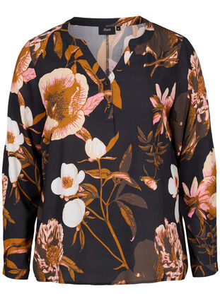 100% viscose blouse met bloemenprint100% viscose blouse met bloemenprint, Black Flower AOP, Packshot image number 0