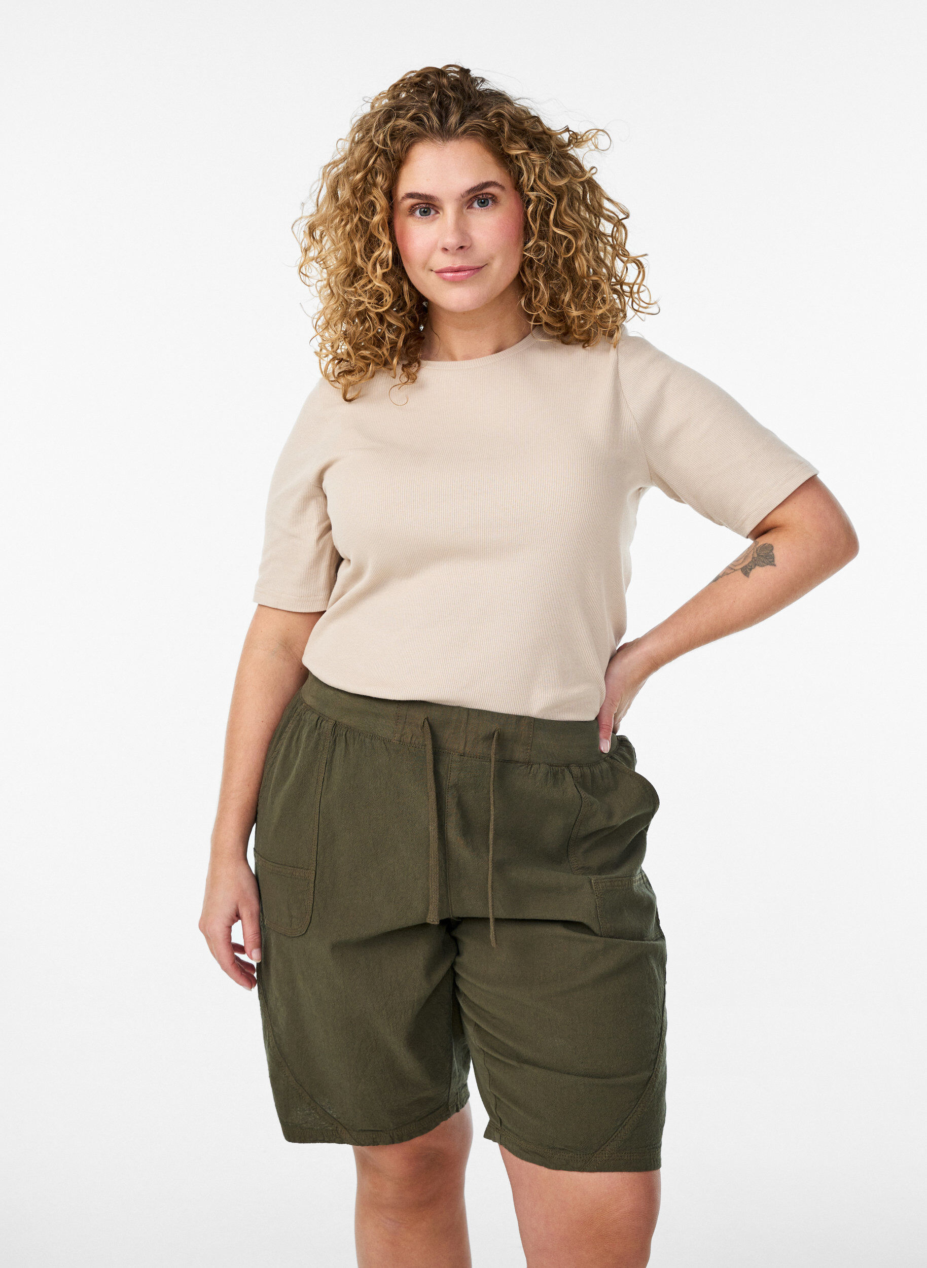 Losse katoenen short met zakken, Groen, Model
