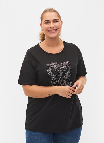T-shirt van biologisch katoen met studs, Black Owl, Model image number 0