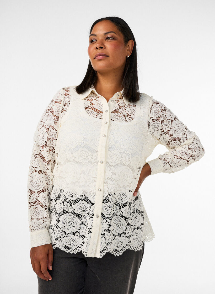 Kanten shirt met parelknopen, Vanille, Model image number 0