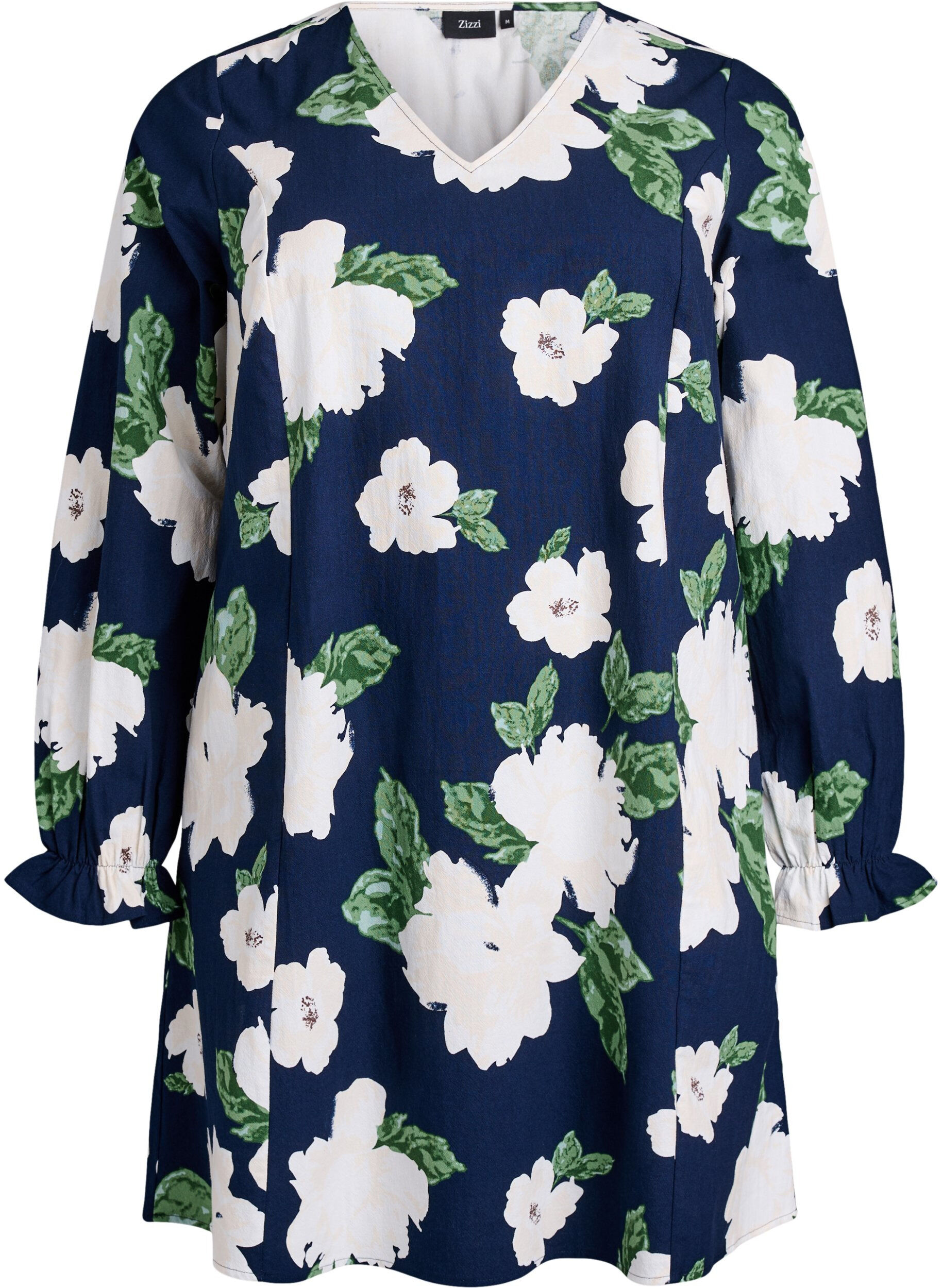 Zizzi Robe courte en coton avec col V et manches longues, Bleu, Packshot image number 0