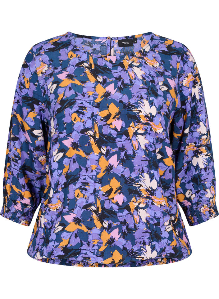 Gebloemde viscose blouse met smok, Purple Flower AOP, Packshot image number 0