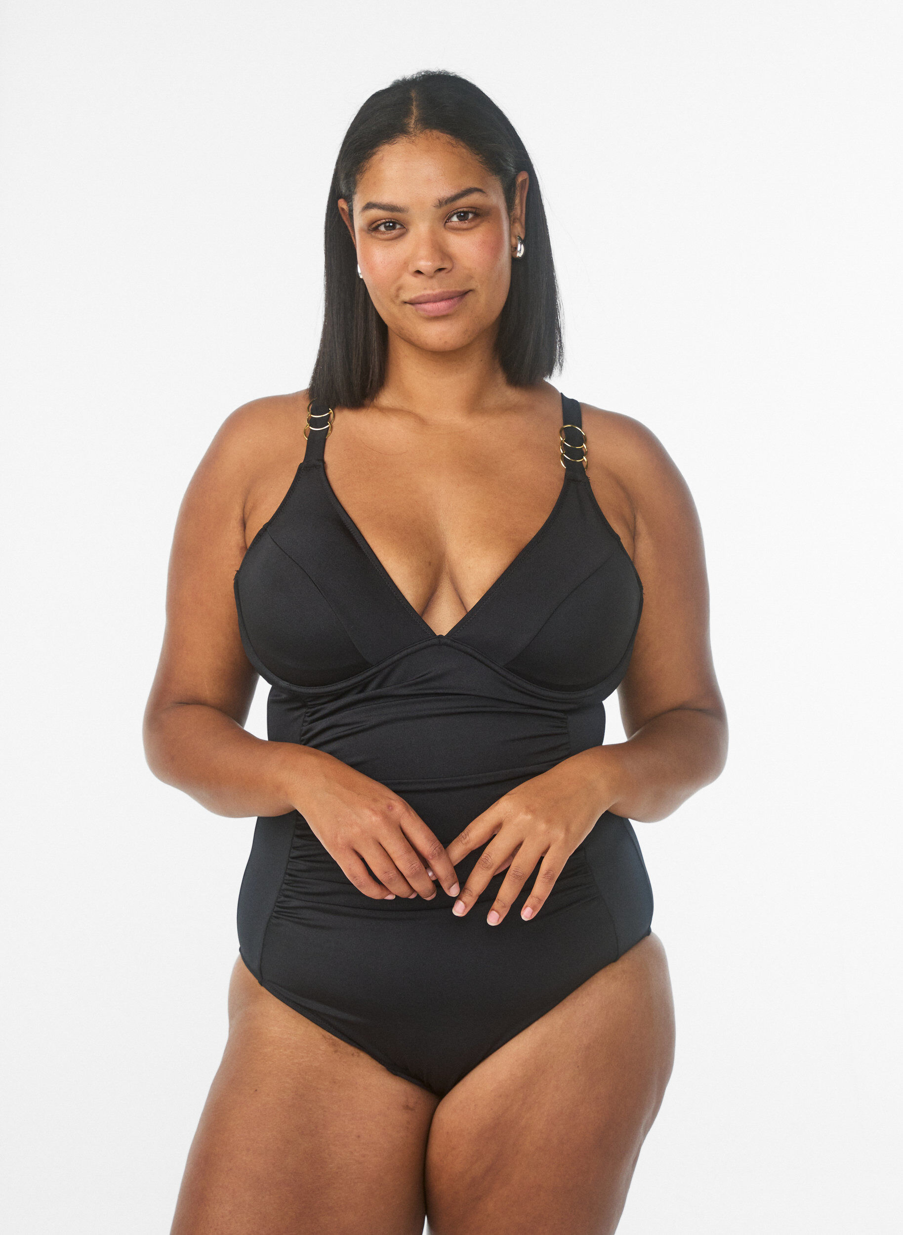 Maillot de bain avec d&eacute;collet&eacute; en V et d&eacute;tail anneau, Noir, Model