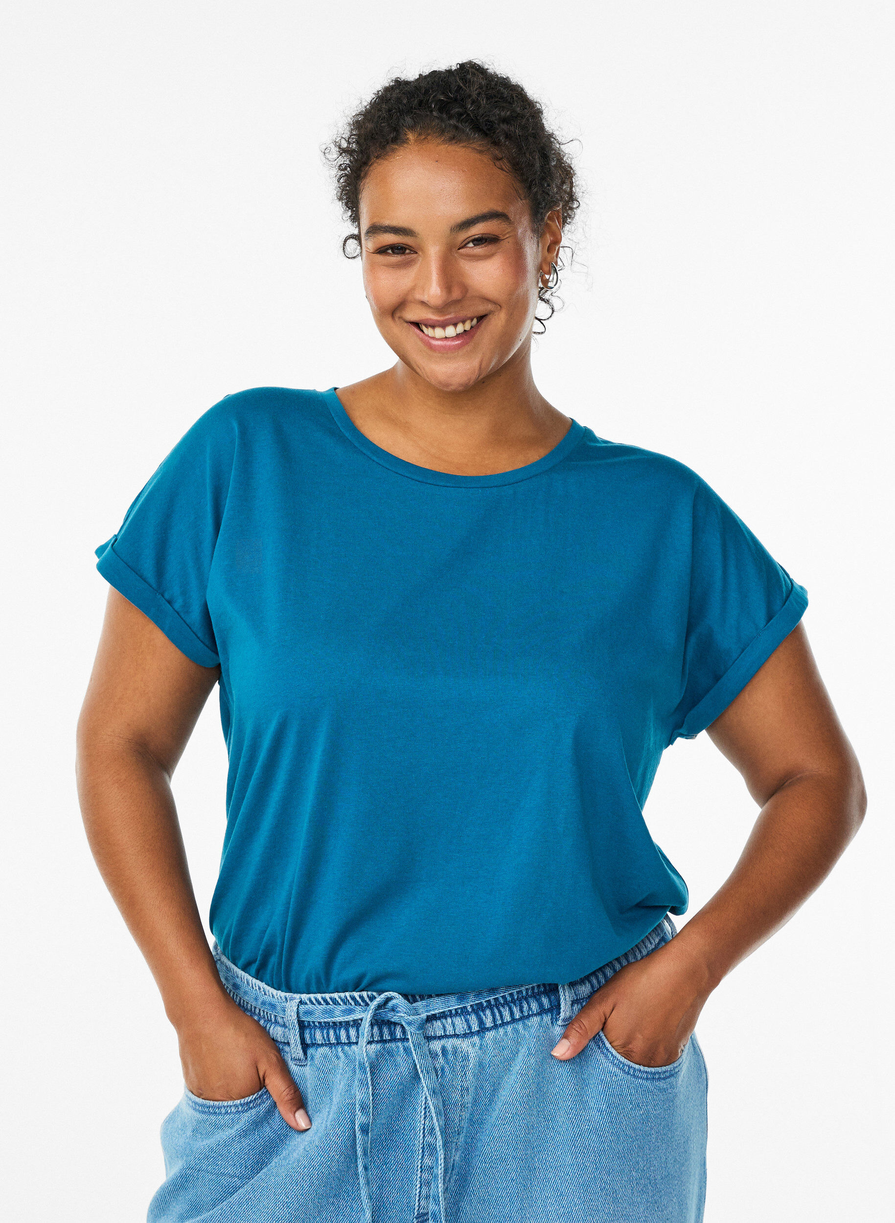 T-shirt &agrave; manches courtes en coton m&eacute;lang&eacute;, Bleu p&eacute;trole, Model