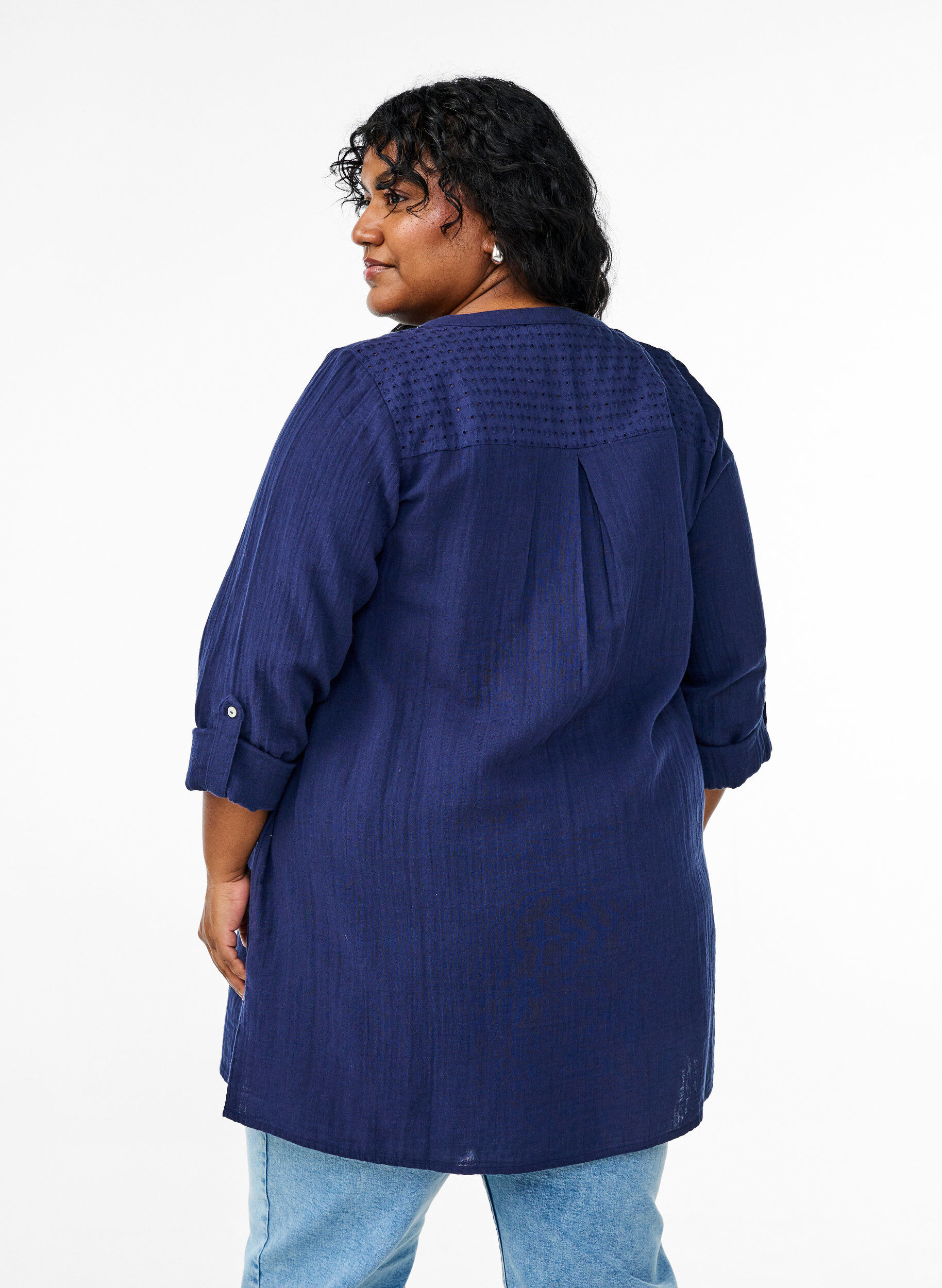 ZizziKatoenen mousseline tuniek met broderie anglaise, Blauw, Model image number 2