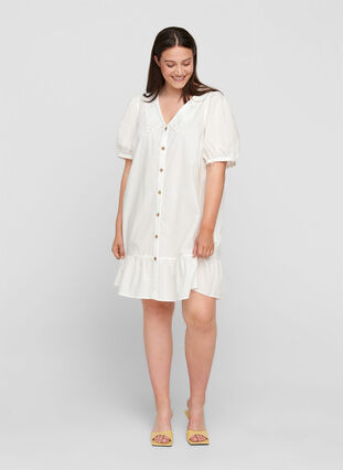 Robe chemise en coton à manches bouffantes, Bright White, Model image number 2