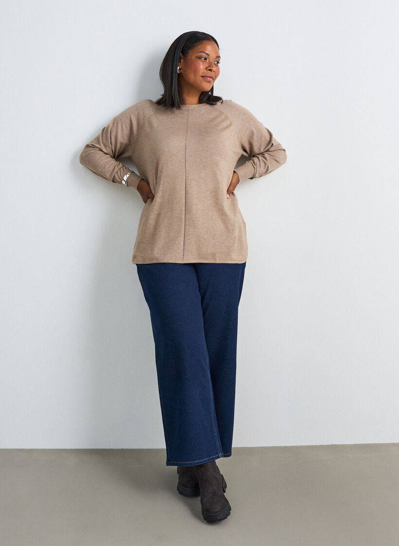 Chemisier en tricot avec col rond et motif tricot, Beige, Model image number 1