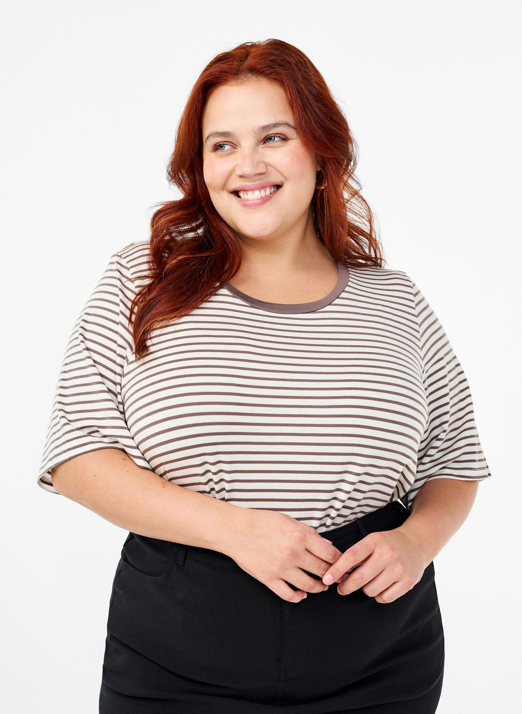 ZizziGestreept T-shirt van lyocell met ronde hals, Bruin, Model image number 0