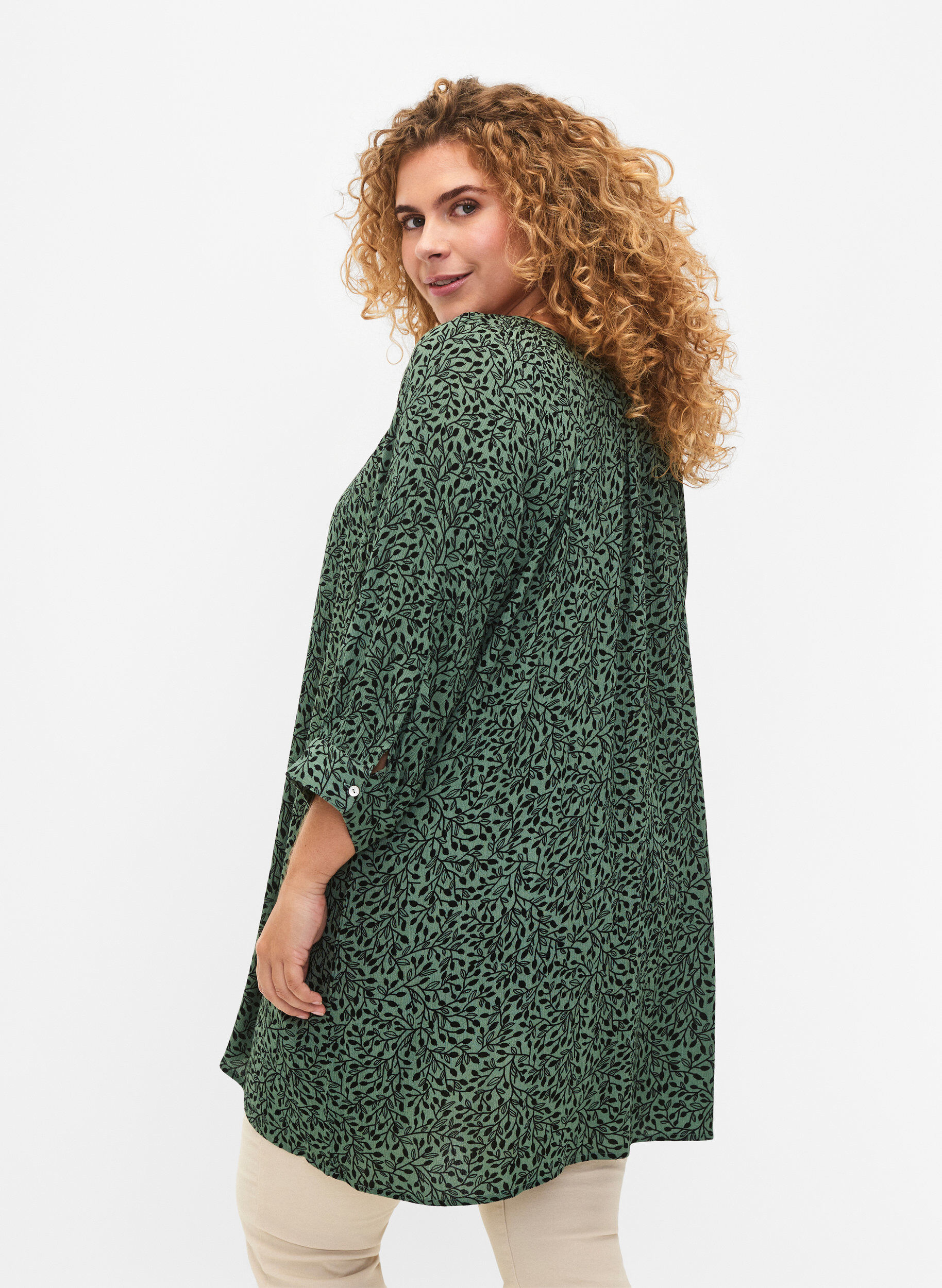 ZizziTuniek van viscose met print en 3/4 mouwen, Green AOP, Model image number 1