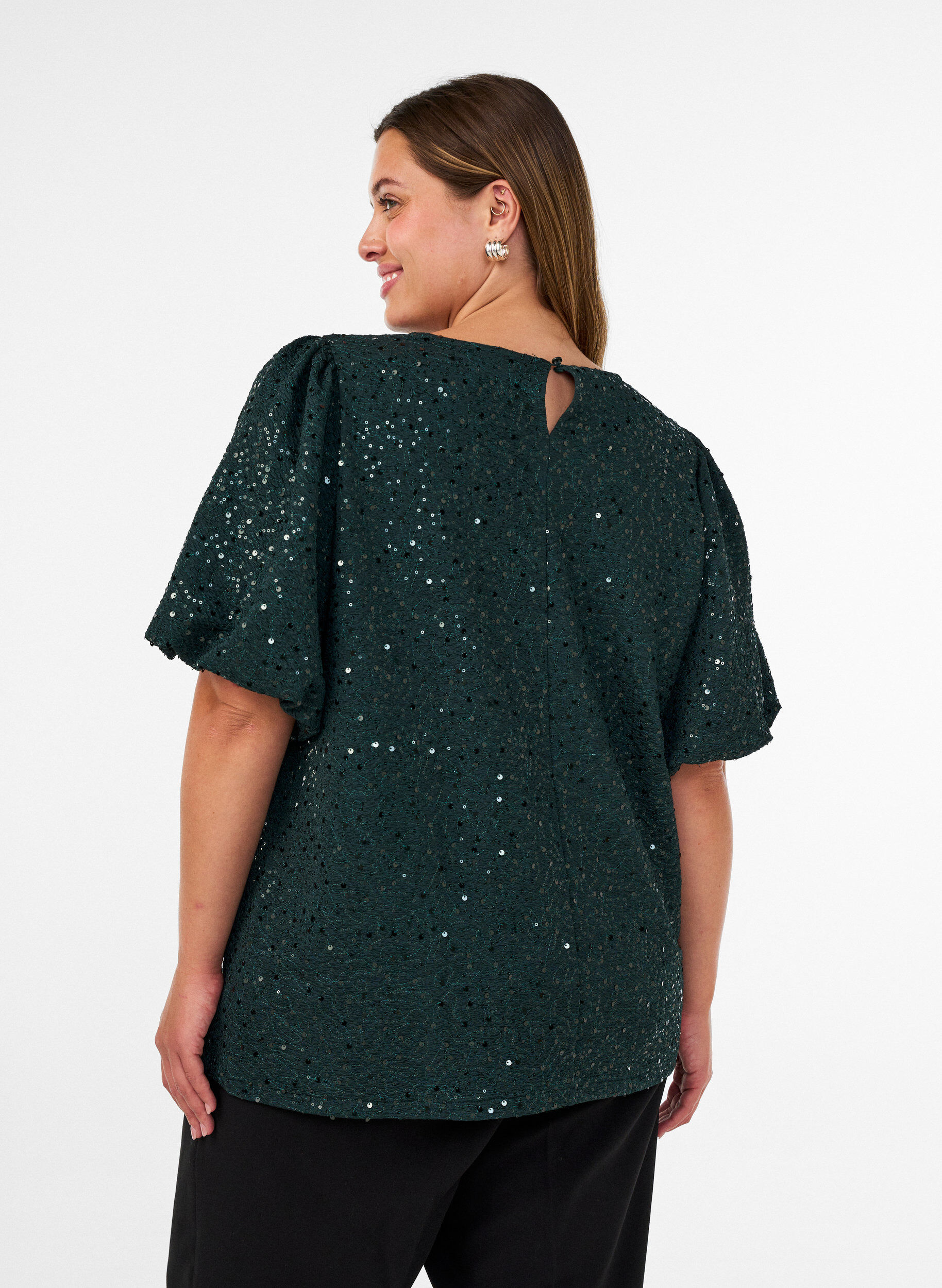 ZizziBlouse &agrave; sequins avec manches ballon, Vert fonc&eacute;, Model image number 2