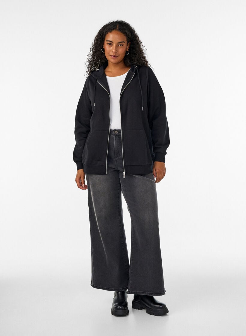 Sweat &agrave; capuche zipp&eacute; avec poches, Noir, Model image number 1
