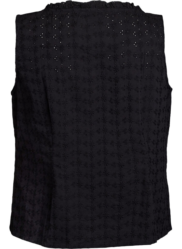 Mouwloze blouse met broderie anglaise en ruches, Zwart, Packshot image number 1