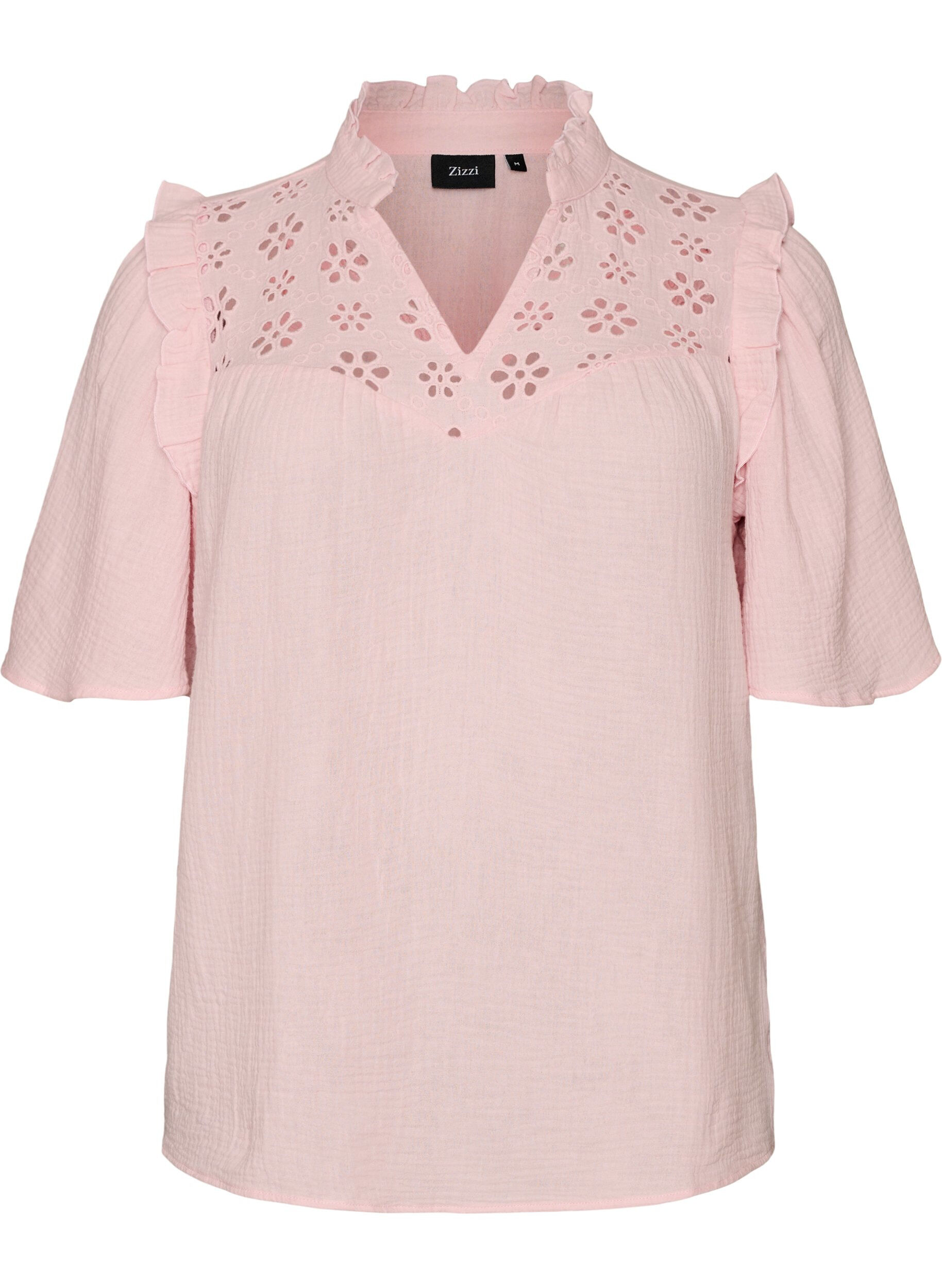 ZizziBlouse in katoen mousseline met broderie anglaise en 1/2 mouwen, Roze, Packshot image number 0