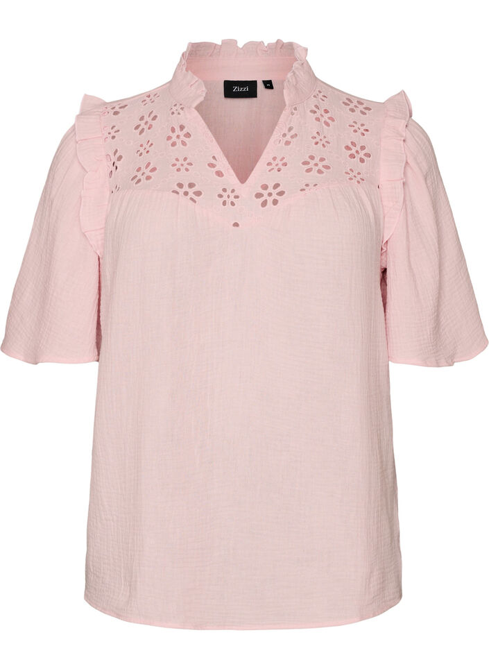 Blouse in katoen mousseline met broderie anglaise en 1/2 mouwen, Roze, Packshot image number 0