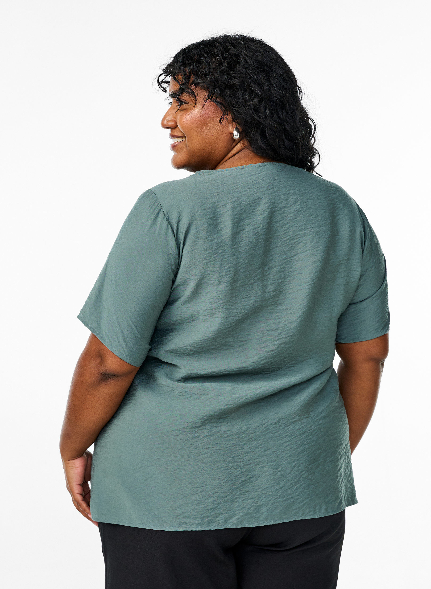 ZizziViscose blouse met korte mouwen en kanten rand, Groen, Model image number 2