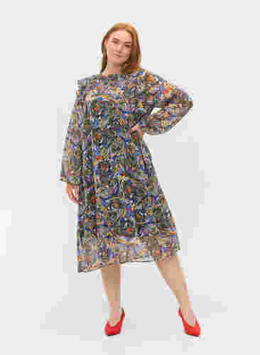 Kleurrijke midi-jurk met smock en lange mouwen, Vibrant Leaf, Model image number 3