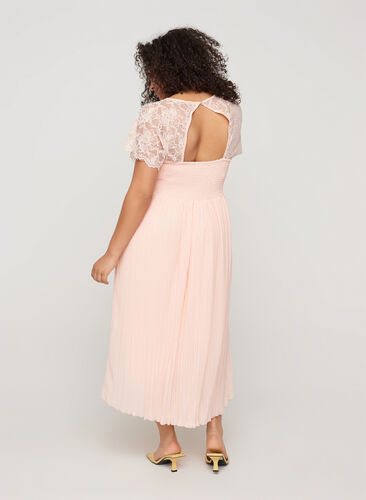 Plissé jurk met korte mouwen, kant en smokwerk, Rose Smoke, Model image number 1