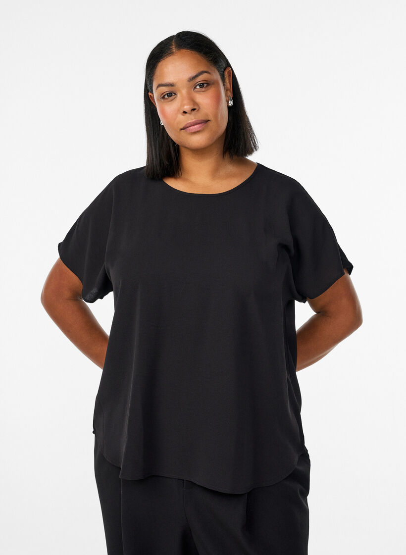 Blouse &agrave; manches courtes et encolure ronde, Noir, Model image number 0