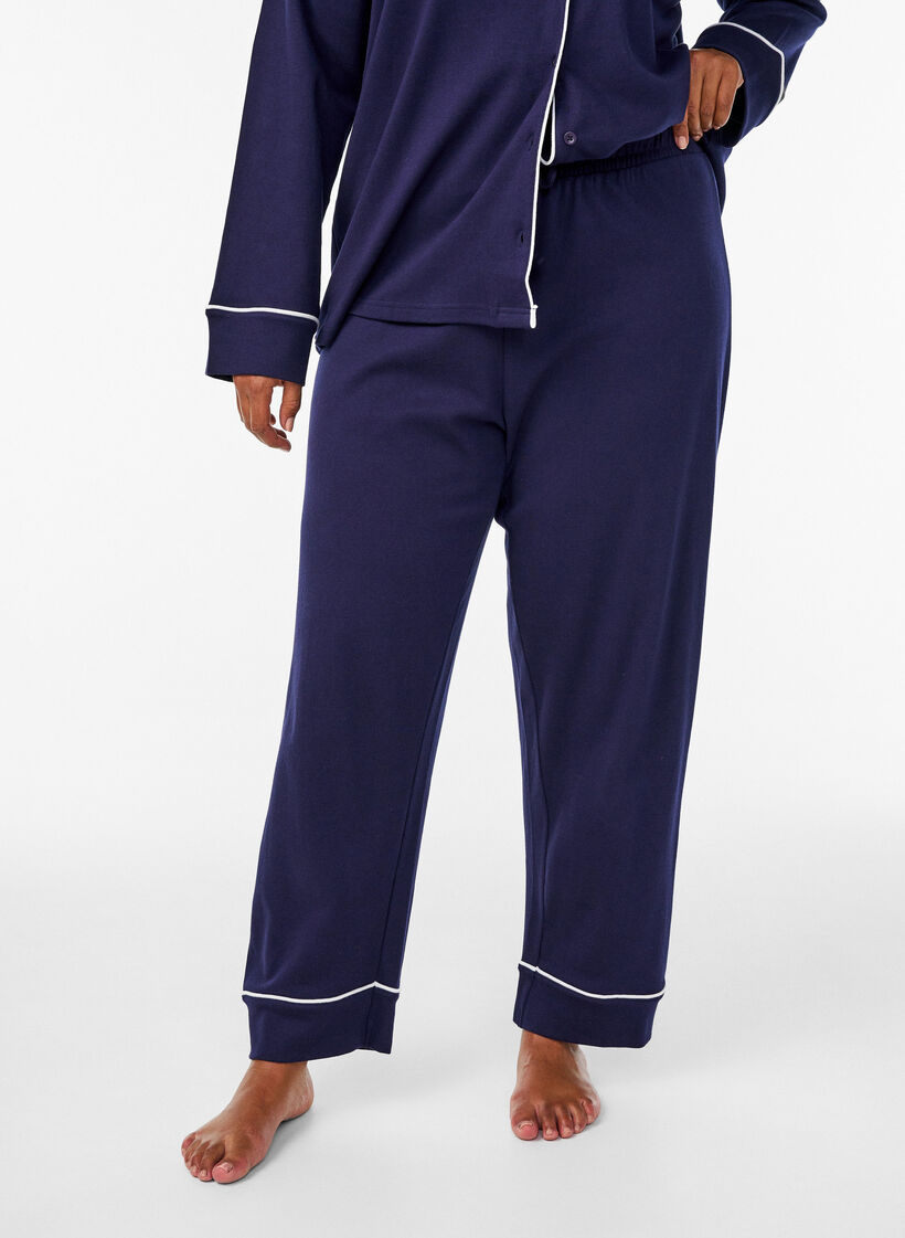 Pantalon de pyjama taille haute en coton, Bleu, Model image number 2