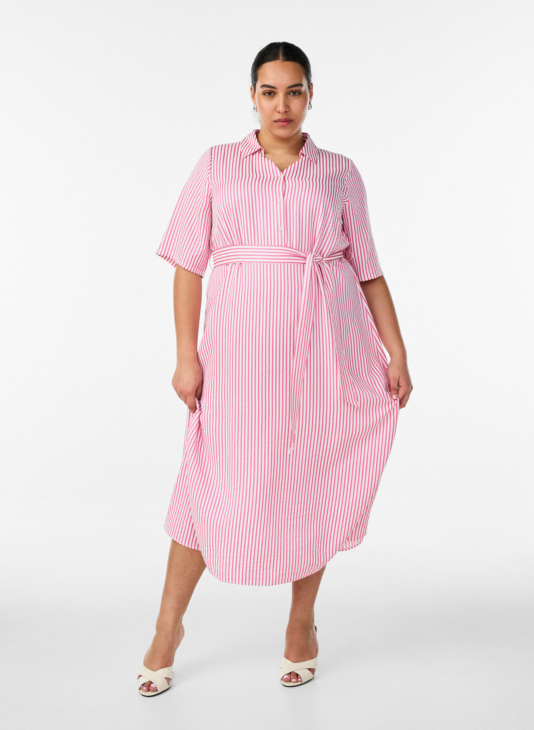 ZizziRobe-chemise longue jusqu&rsquo;aux chevilles avec ceinture &agrave; nouer et rayures, Rose, Model image number 0