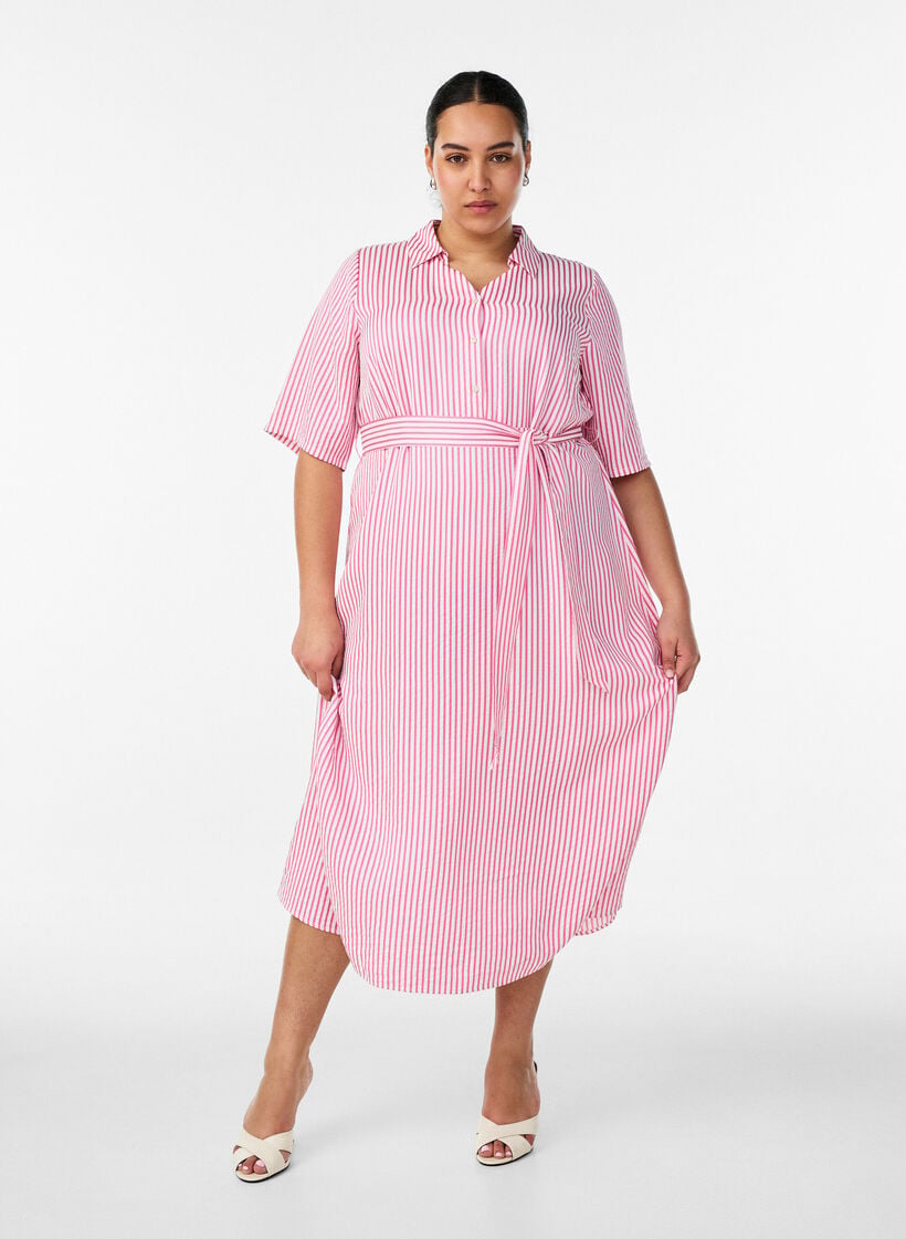 Robe-chemise longue jusqu&rsquo;aux chevilles avec ceinture &agrave; nouer et rayures, Rose, Model image number 0