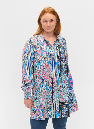 Lange viscose blouse in paisleyprint, Blue Pink Paisley , Model image number 0