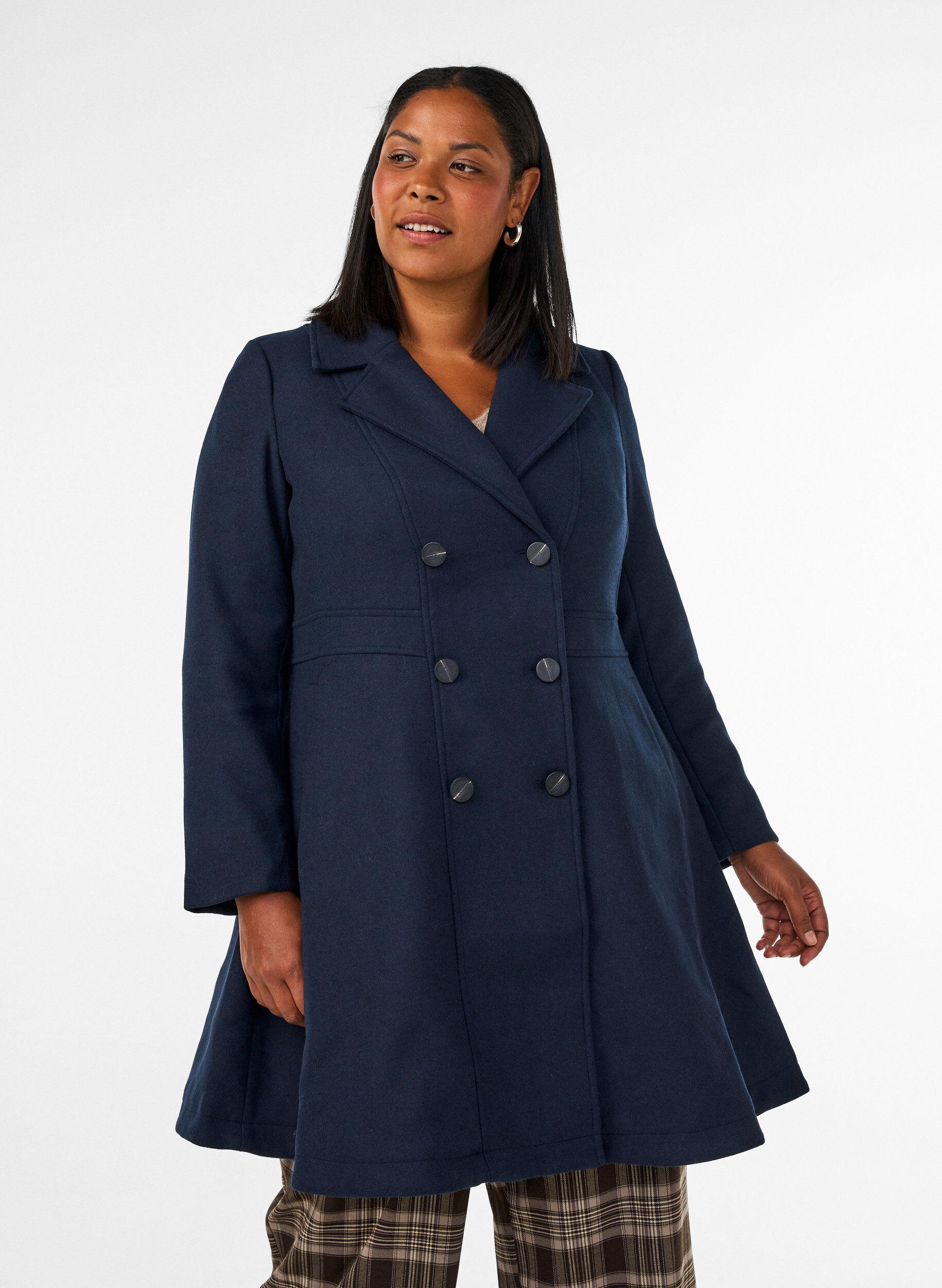 Een wollen jas in A-lijn met zakken, Blauw, Model